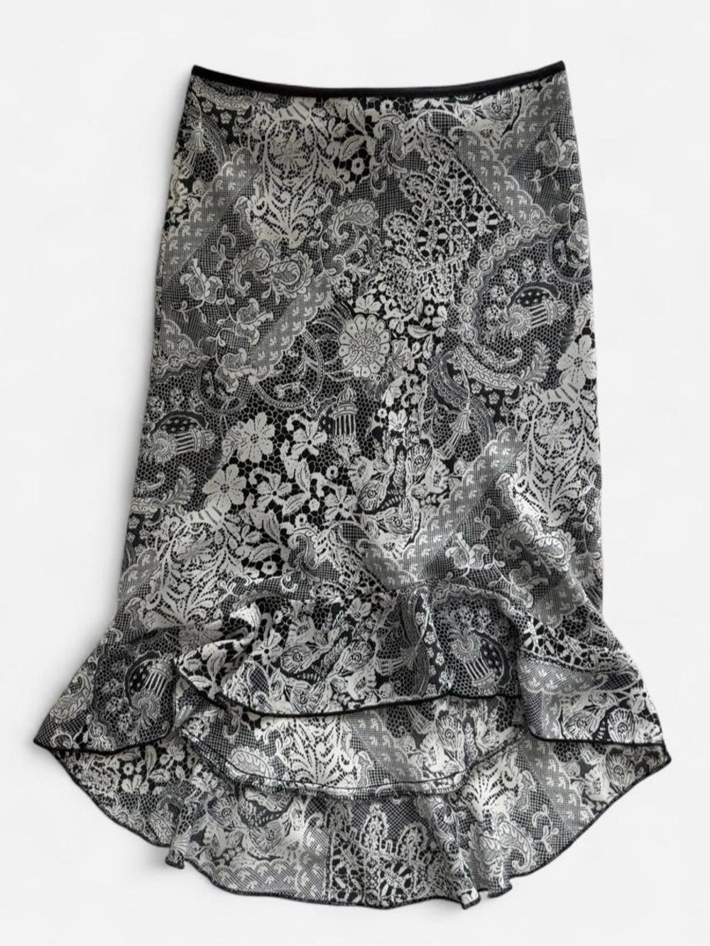 rag & bone Black and White Lace-Print Midi Skirt with Ruffle Hem